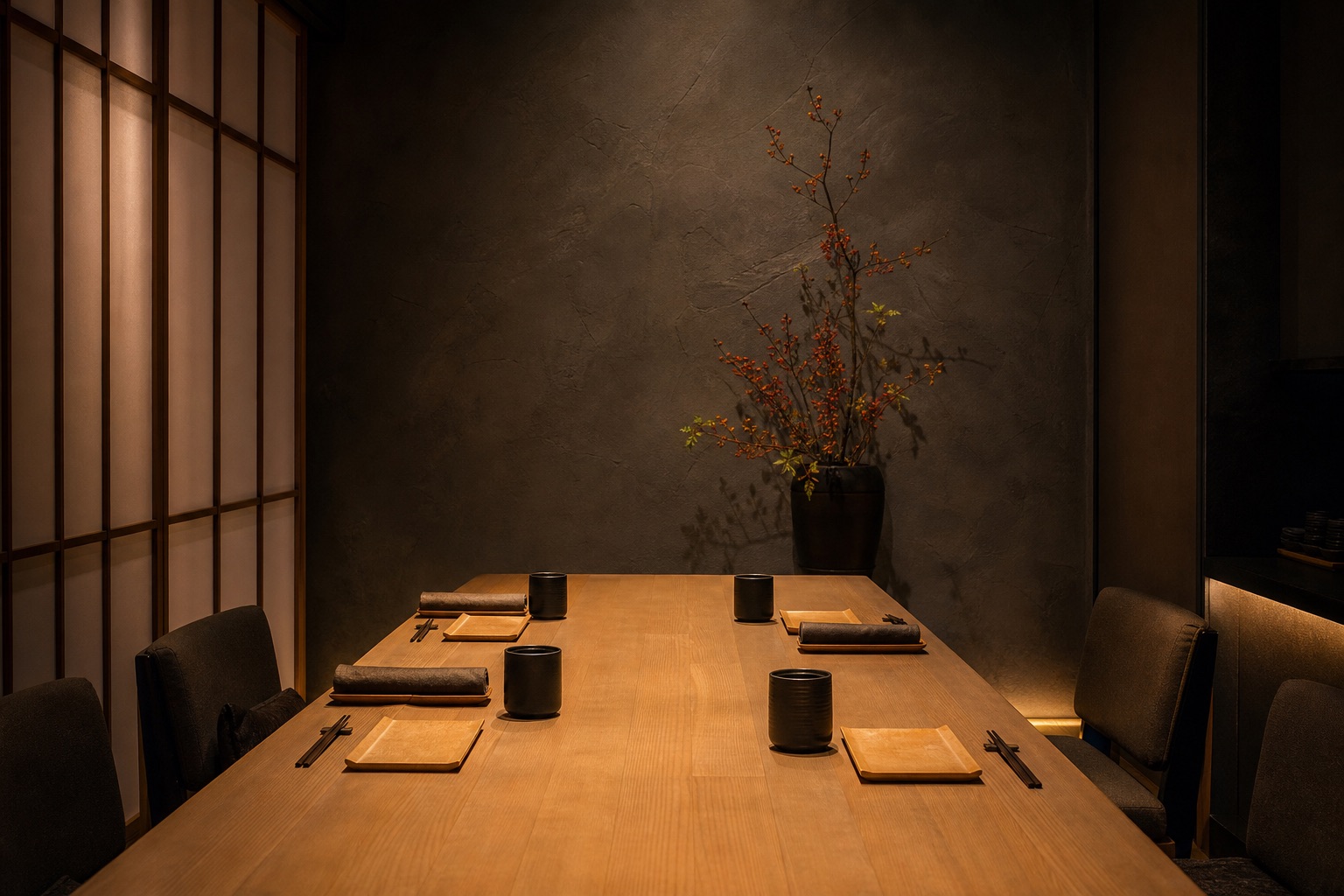 Private dining room with warm timber and paper screens