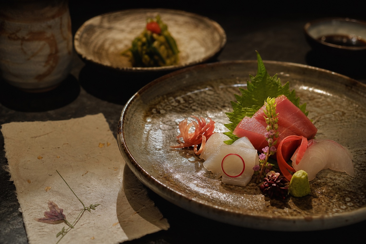 Seasonal sashimi arranged on handmade ceramic tableware