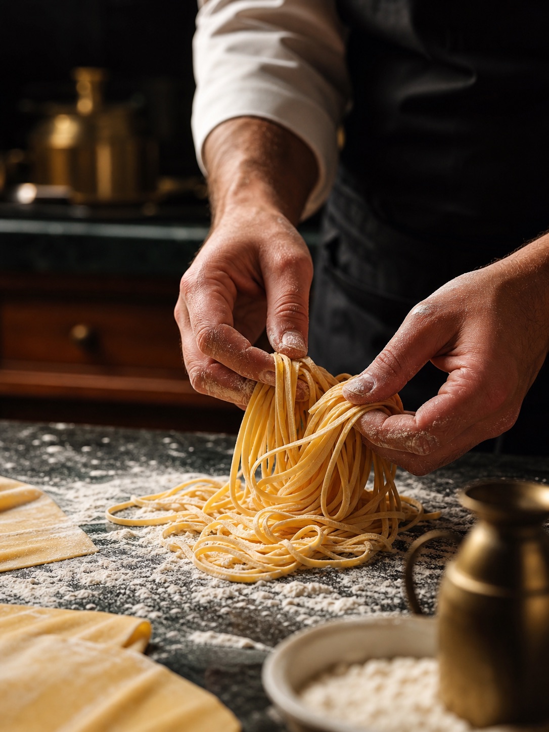 Chef hands rolling fresh pasta