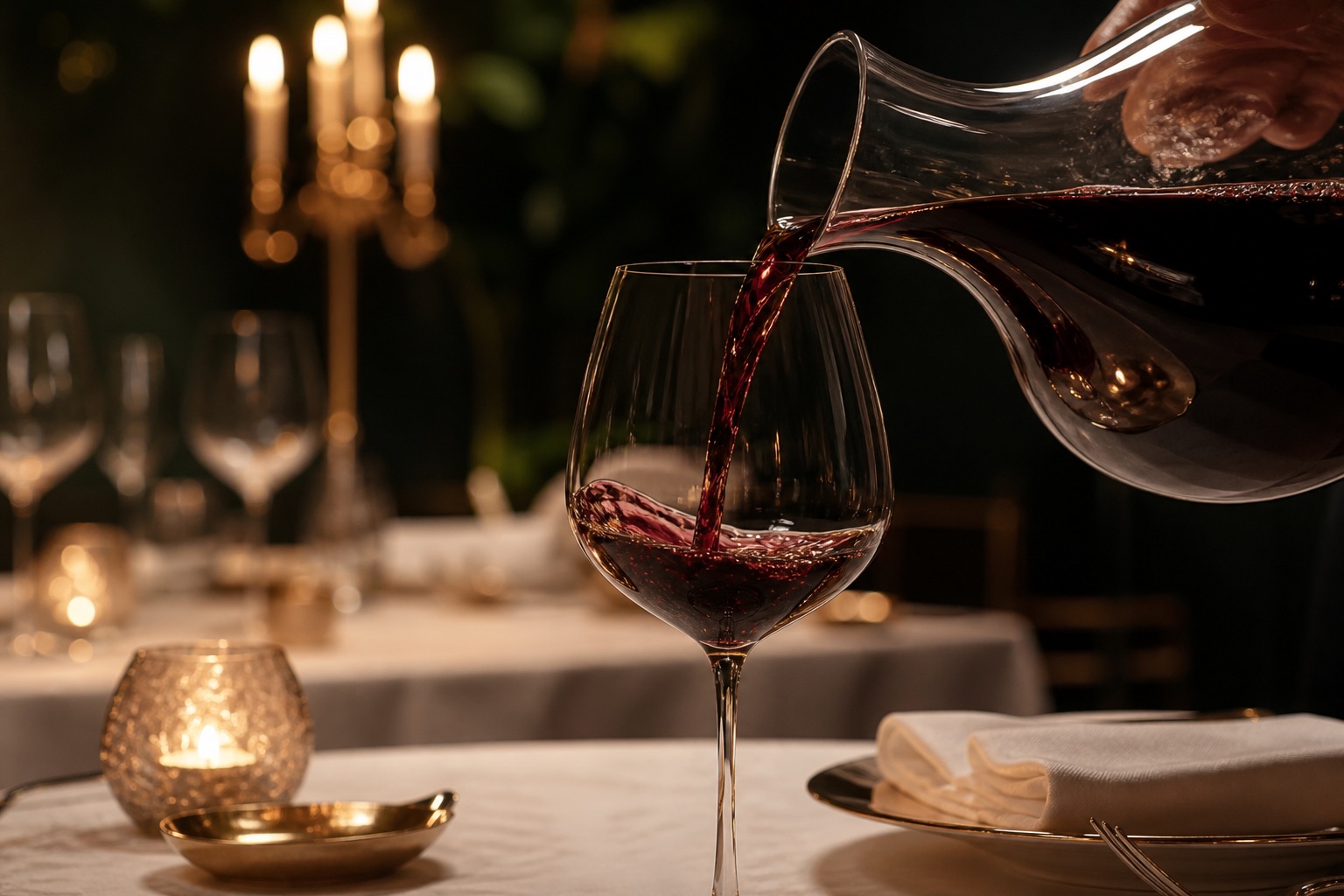 Red wine being decanted into a glass