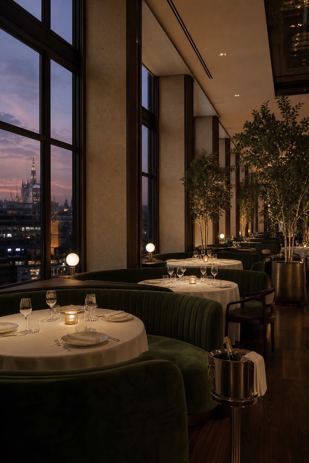 Luxury restaurant dining room at dusk