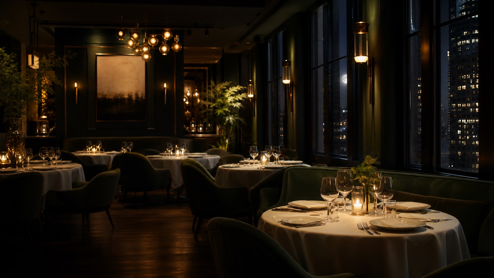 Candlelit dining room with linen tables in Milan