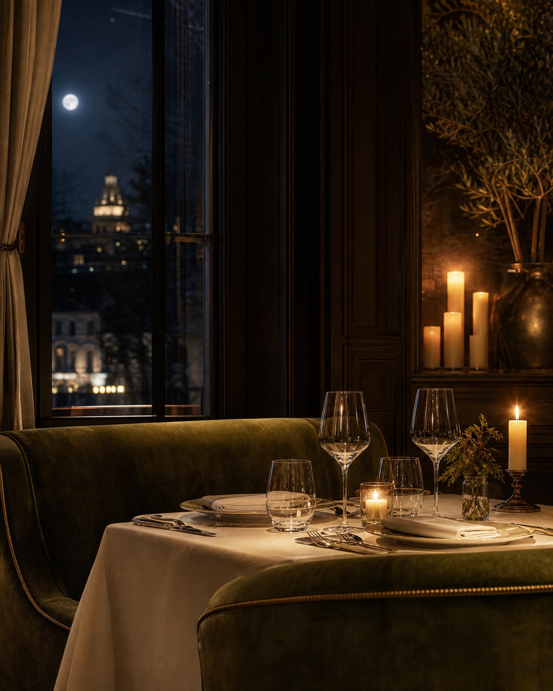 Candlelit restaurant table beside tall windows