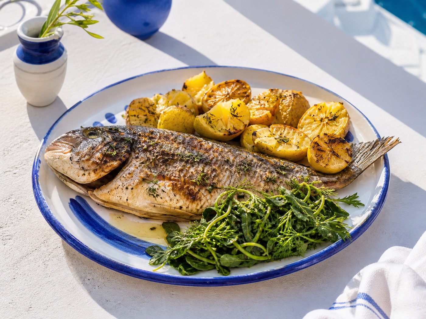 Grilled fish with lemon potatoes and greens
