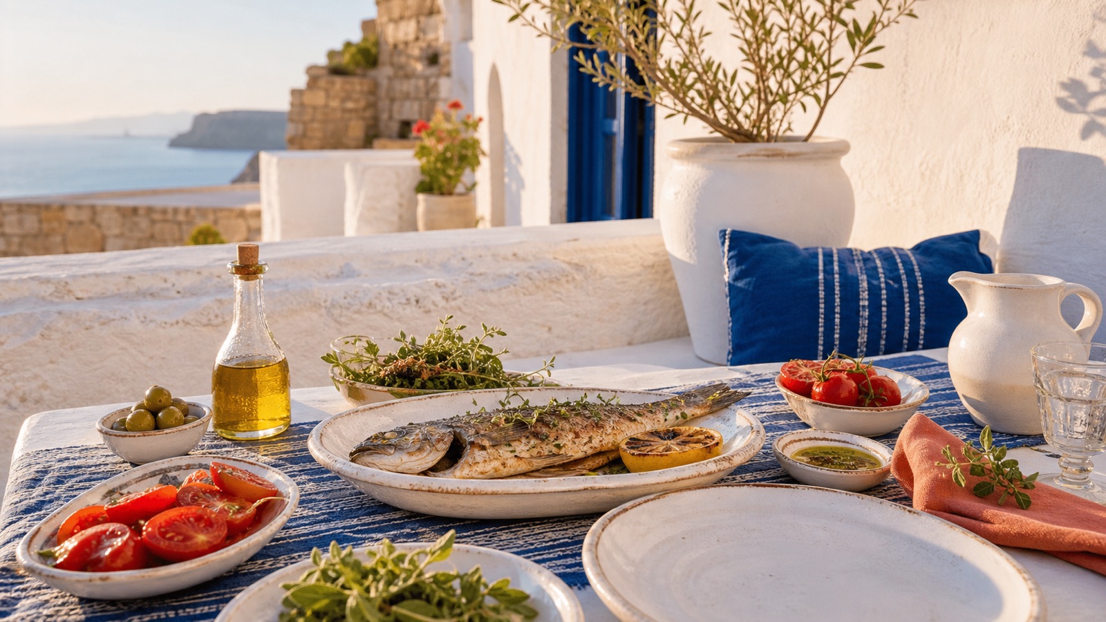 Sunlit Mediterranean table with seafood on Rhodes