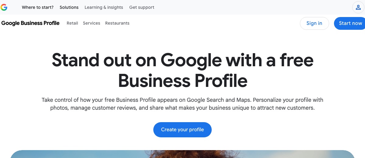 Official Google Business Profile page with Sign in, Start now and Create your profile.
