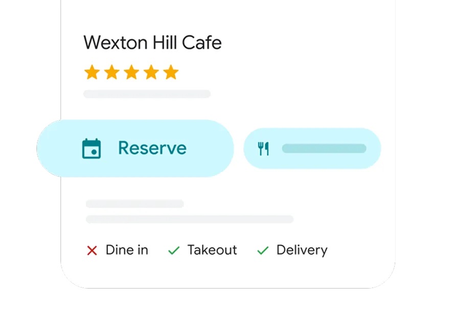 Official Google example of a cafe listing showing reserve and dine-in, takeout and delivery status.