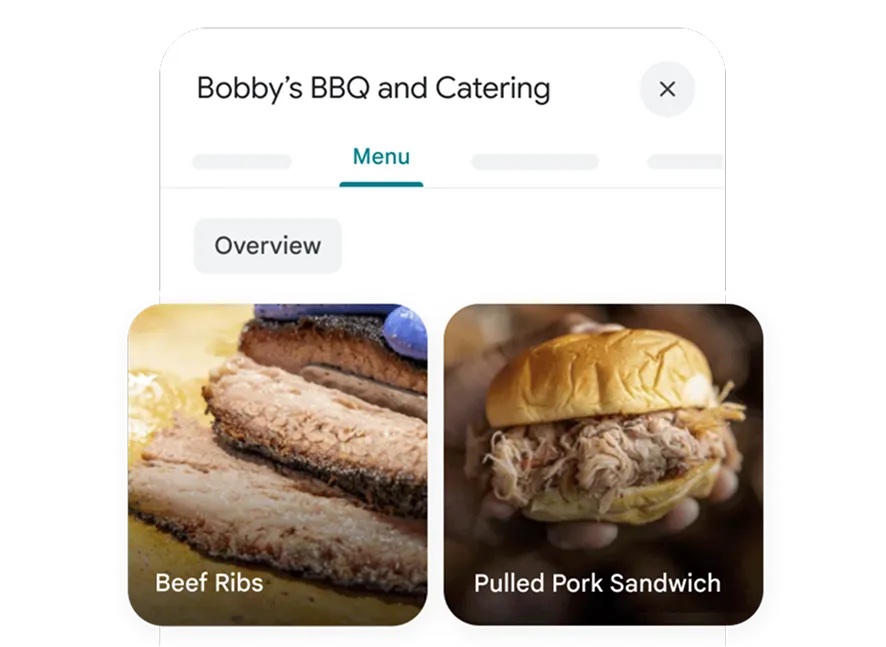 Official Google example of a restaurant profile Menu tab with dishes.