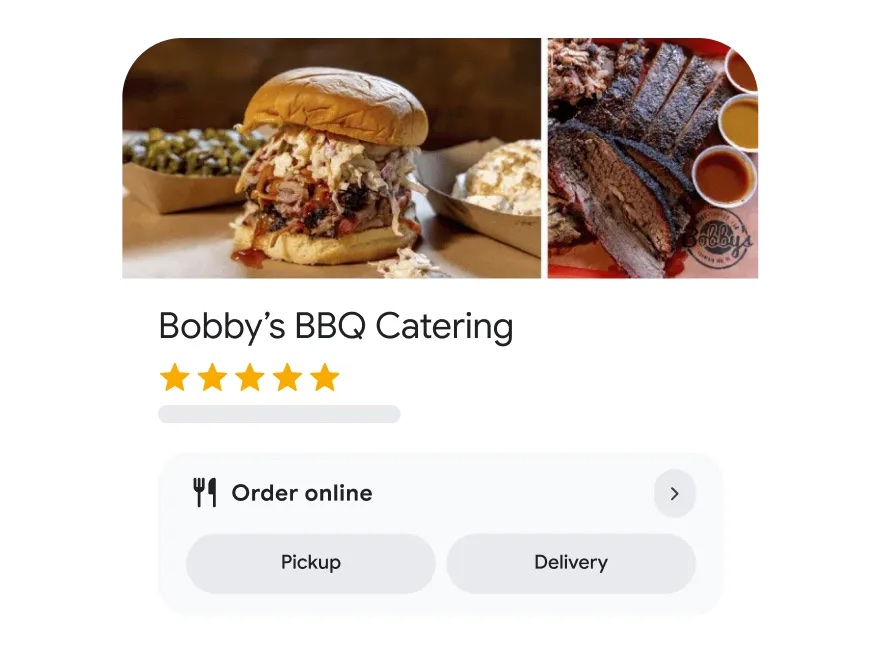 Official Google example of a restaurant profile with an Order online action.