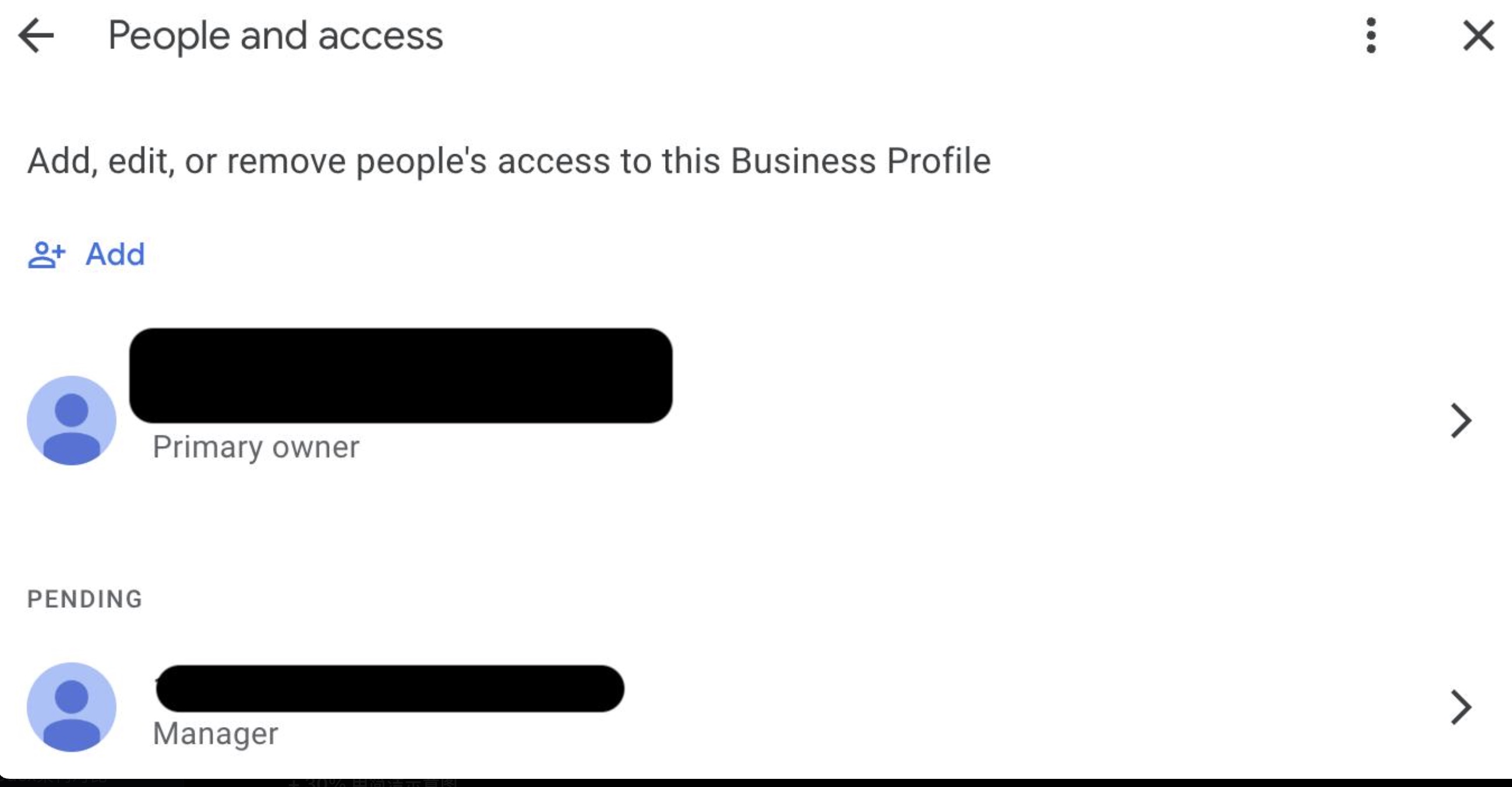 People and access screen showing Add, a primary owner and a pending manager. Names are covered.