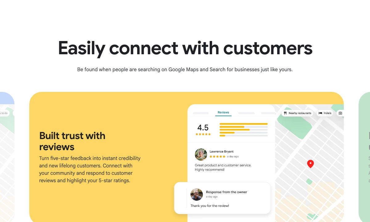 Official Google example of a Business Profile card with reviews and a map pin.