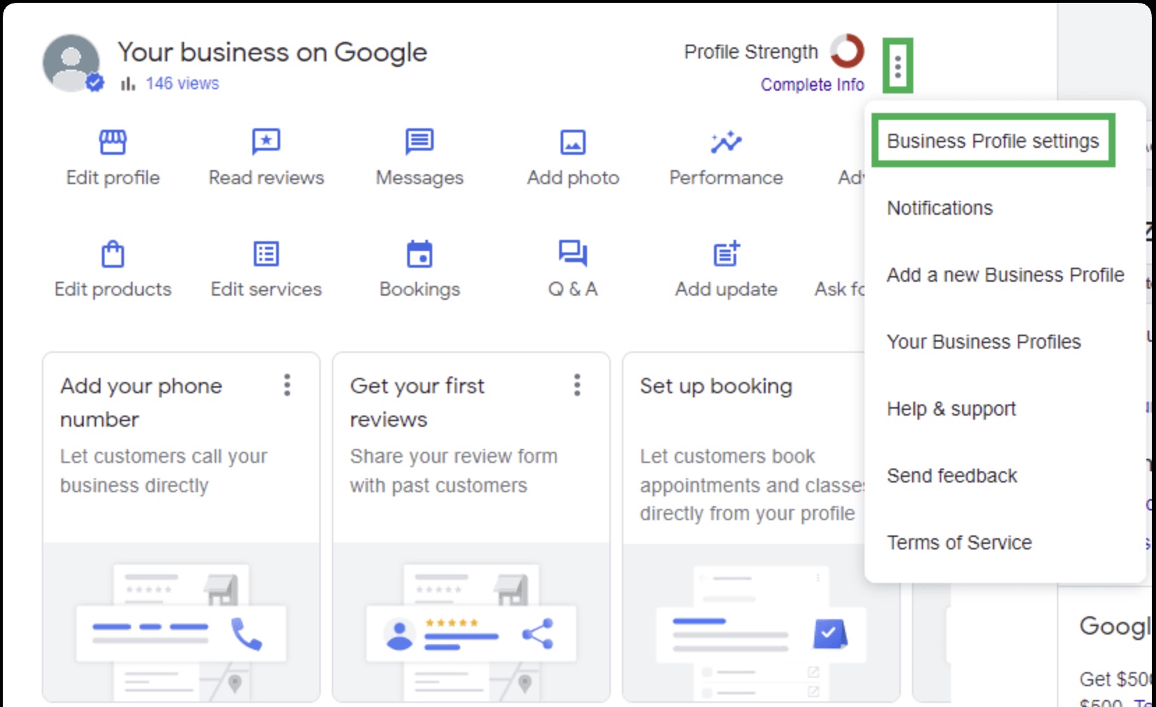 Google Business Profile menu with Business Profile settings highlighted.