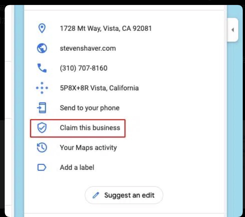 Google listing details with Claim this business highlighted under the address, website and phone number.
