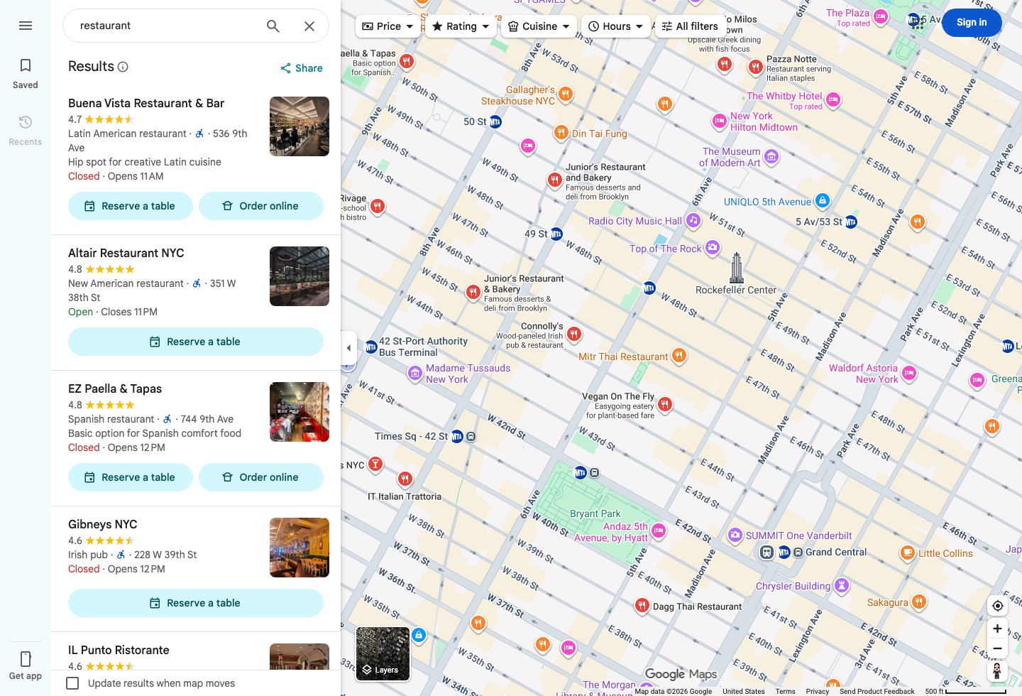 Google Maps search results showing restaurant names, ratings and opening status.