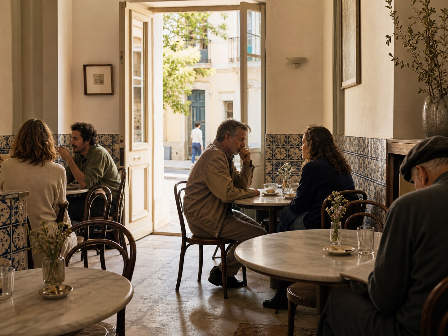 Cream and blue interior of a Lisbon café