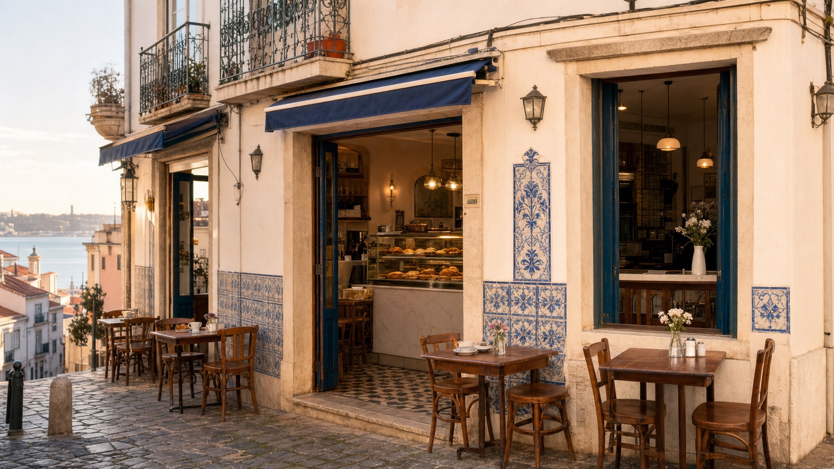 Morning light across pastries and café tables in Lisbon