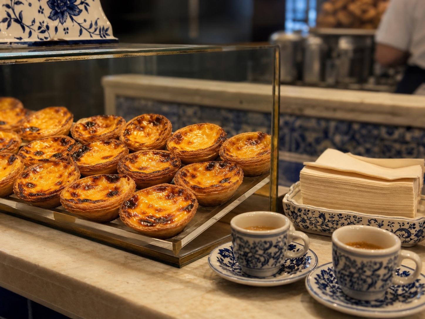 Pastéis and espresso on a bakery counter