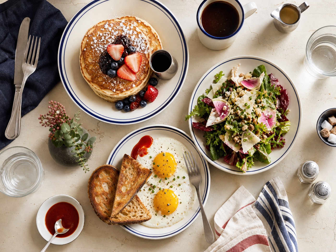 Breakfast pancakes, roasted chicken and a sandwich arranged on a diner table