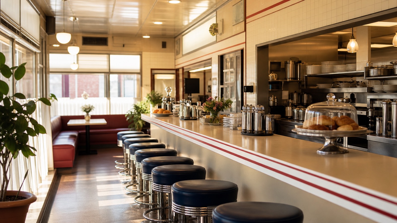 Cream diner counter ready for an all-day meal in New York
