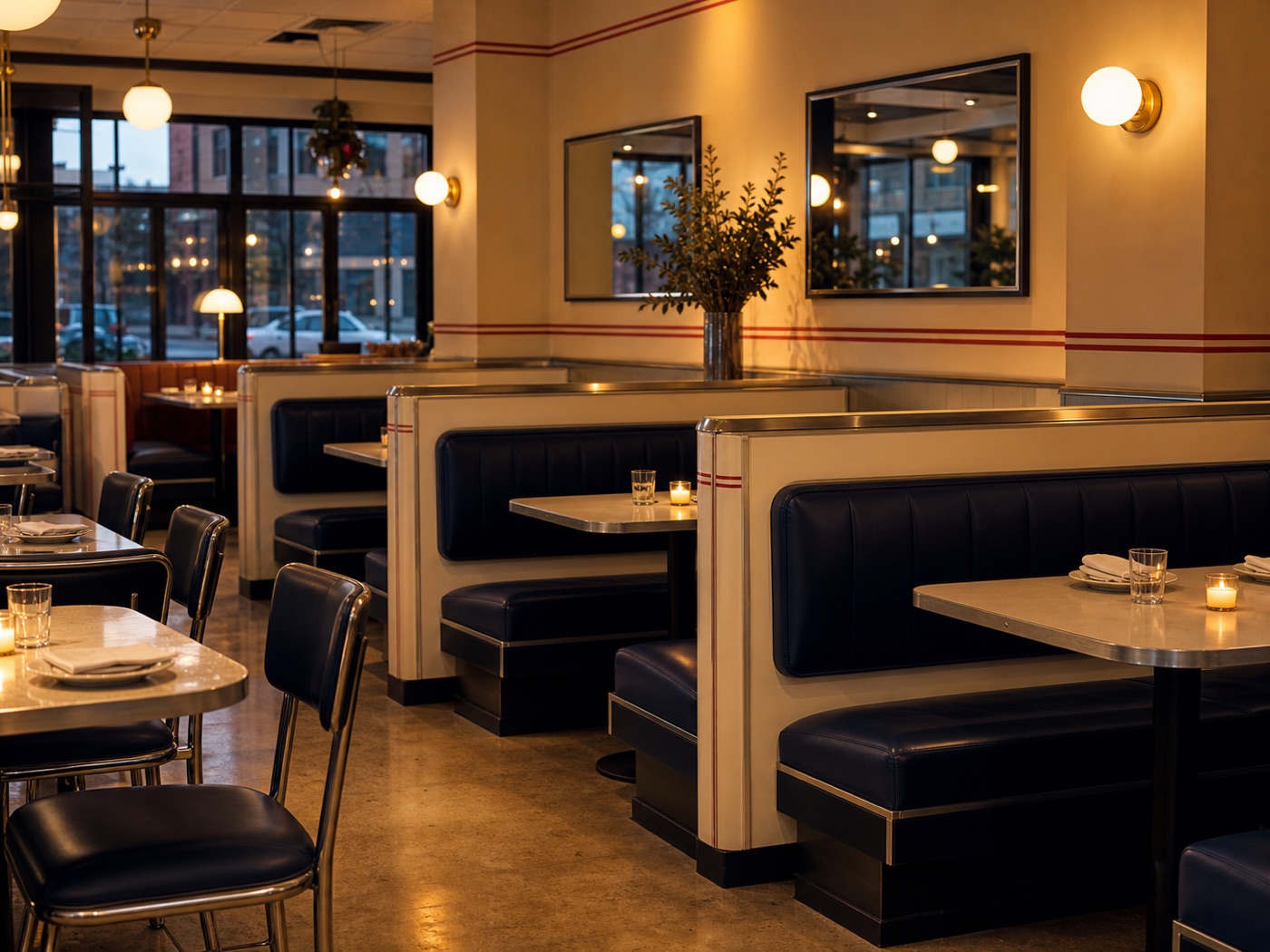 Cream and navy booths with small tables and daylight at the windows