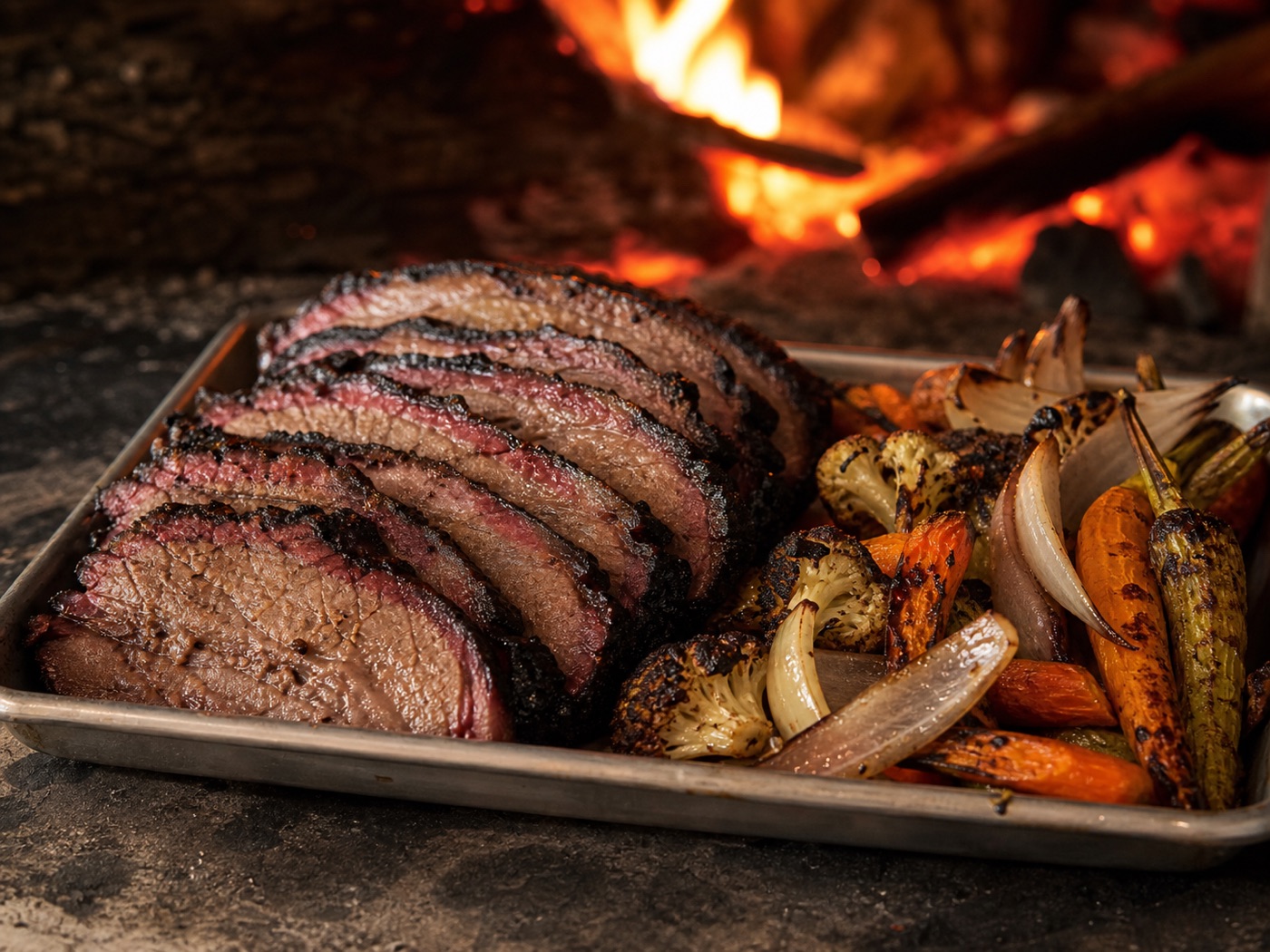 Sliced brisket, charred vegetables and oak embers beside the fire