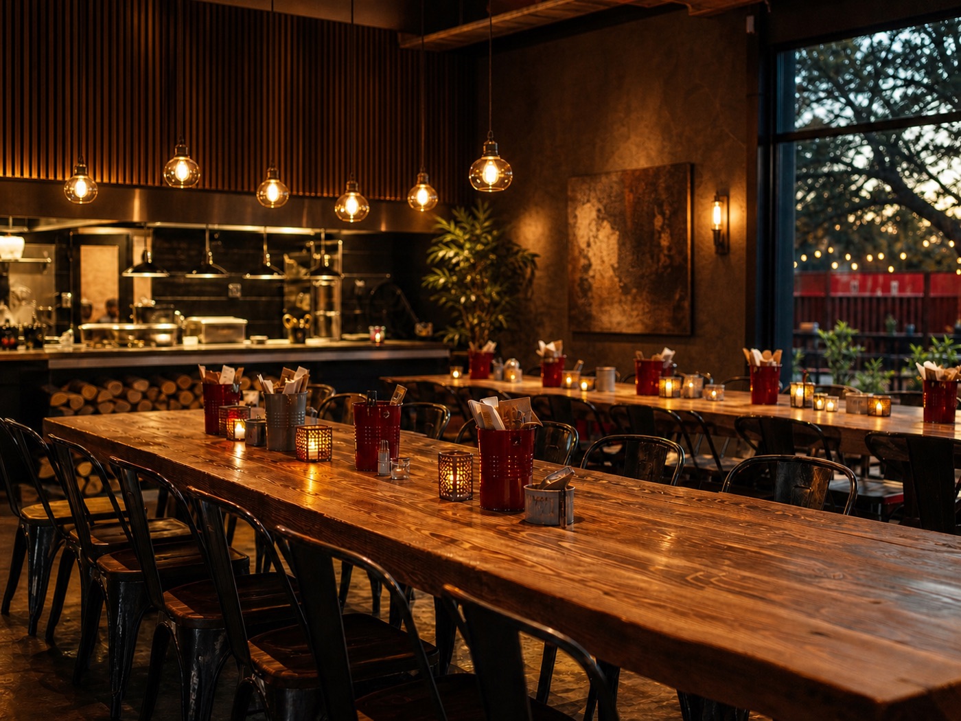 Long timber shared tables beneath warm industrial lights