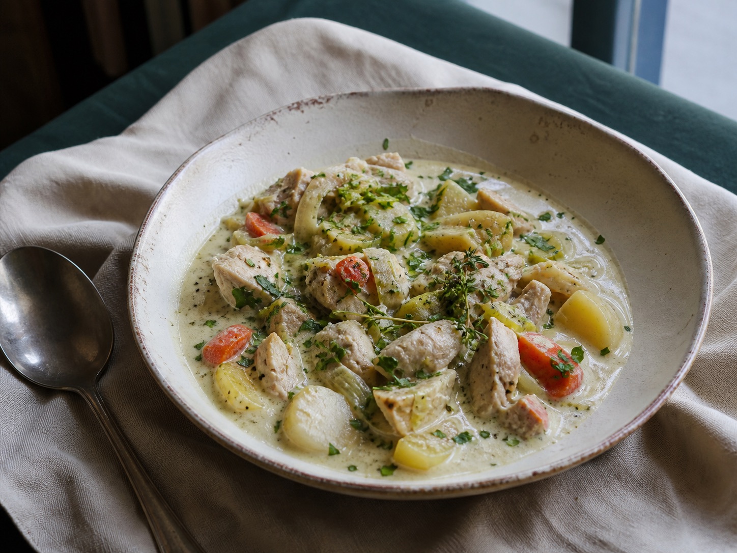 Bowl of chicken waterzooi with vegetables and herbs