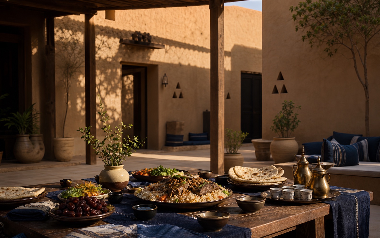Late-afternoon Najdi courtyard prepared for a family meal