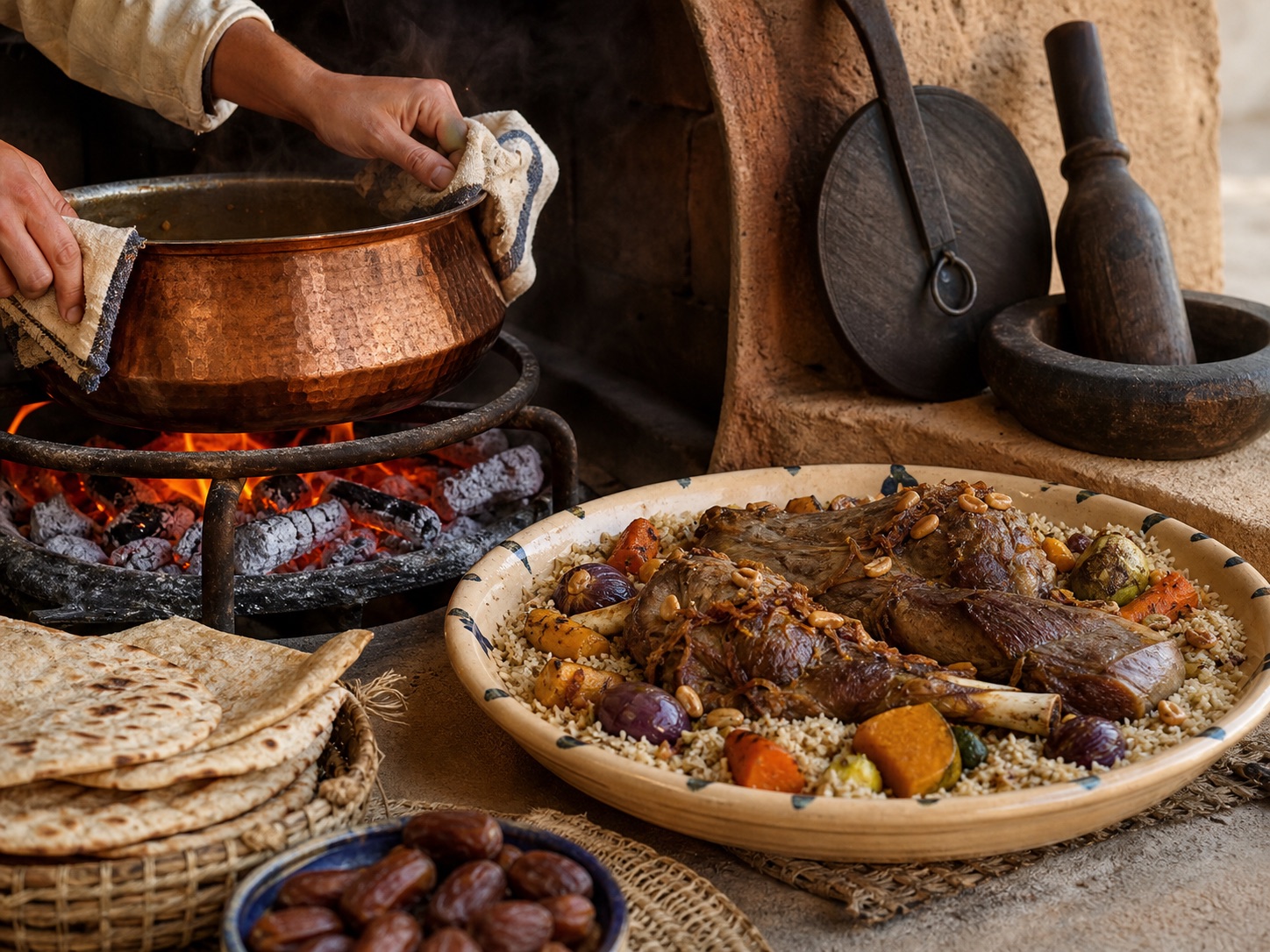 Shared lamb and rice beside a clay hearth