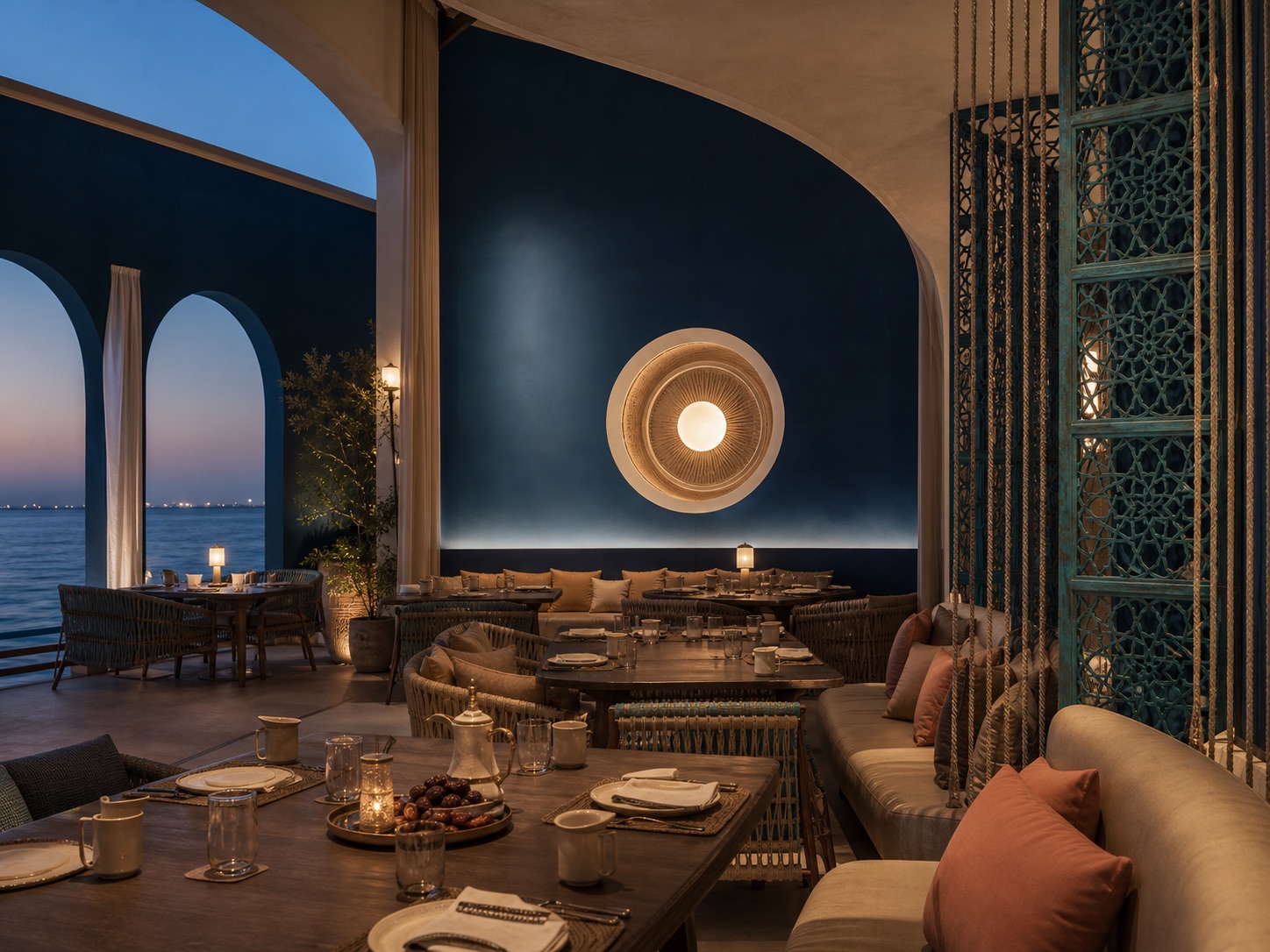 Gulf-blue dining room with curved openings and grouped tables