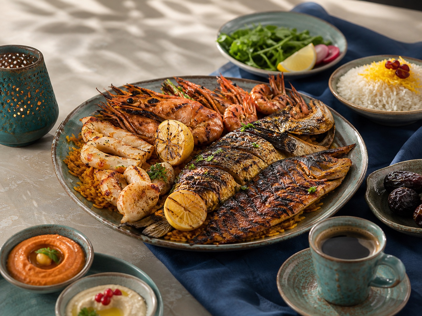 Grilled seafood plate with citrus, rice and herbs