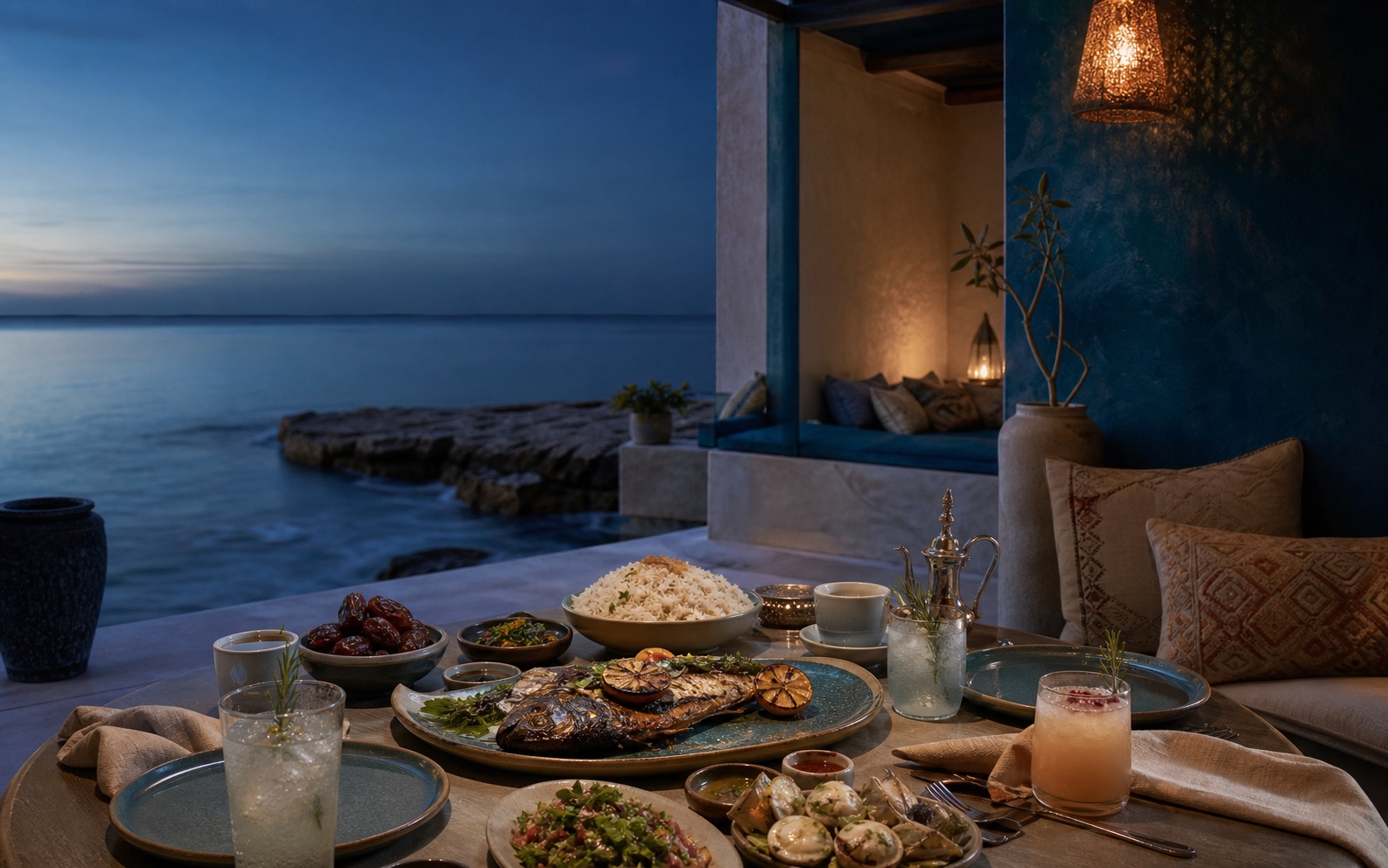Blue-hour Gulf dining room overlooking the waterfront in Doha