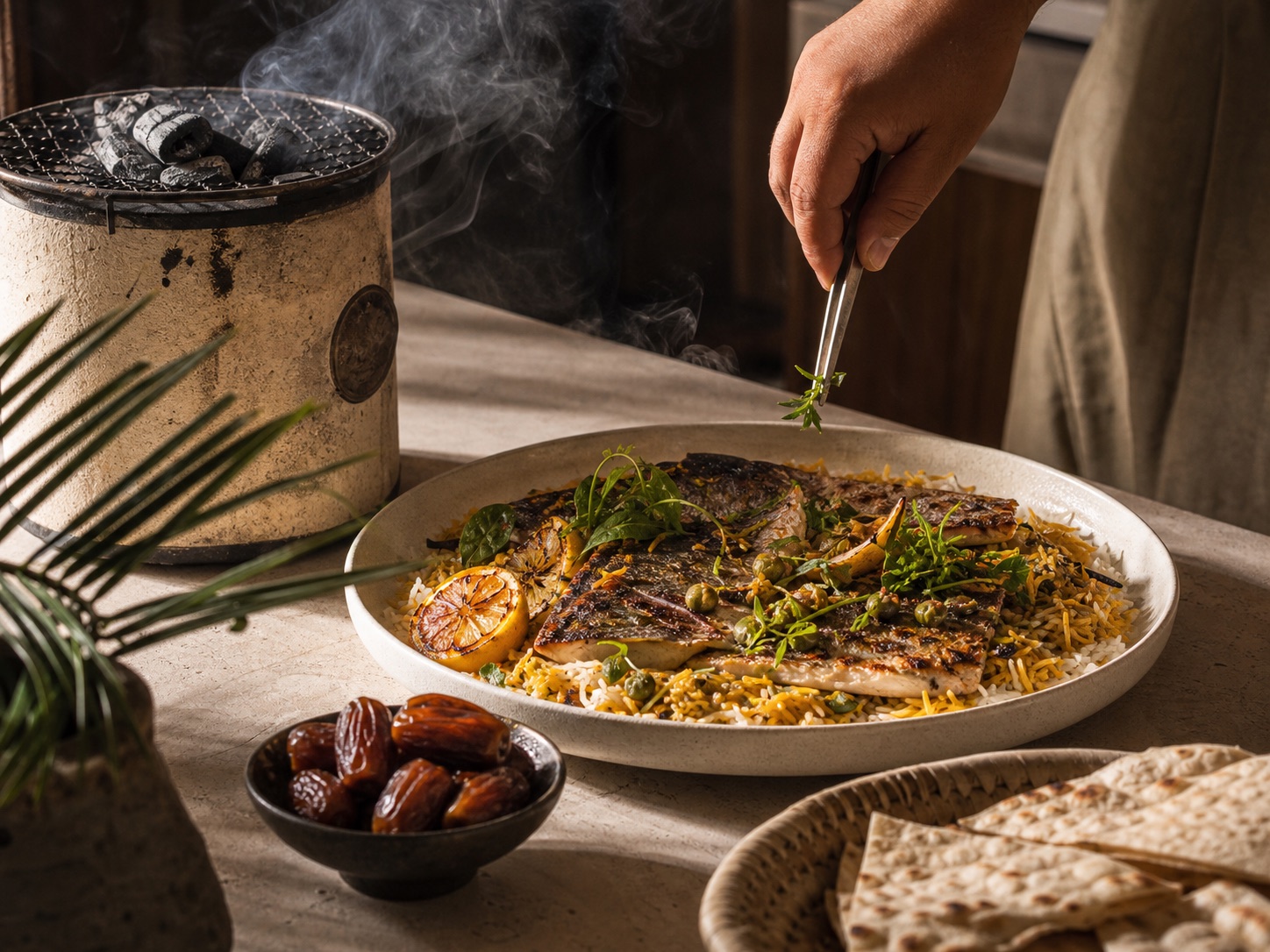 Grilled fish and rice finished beside glowing charcoal