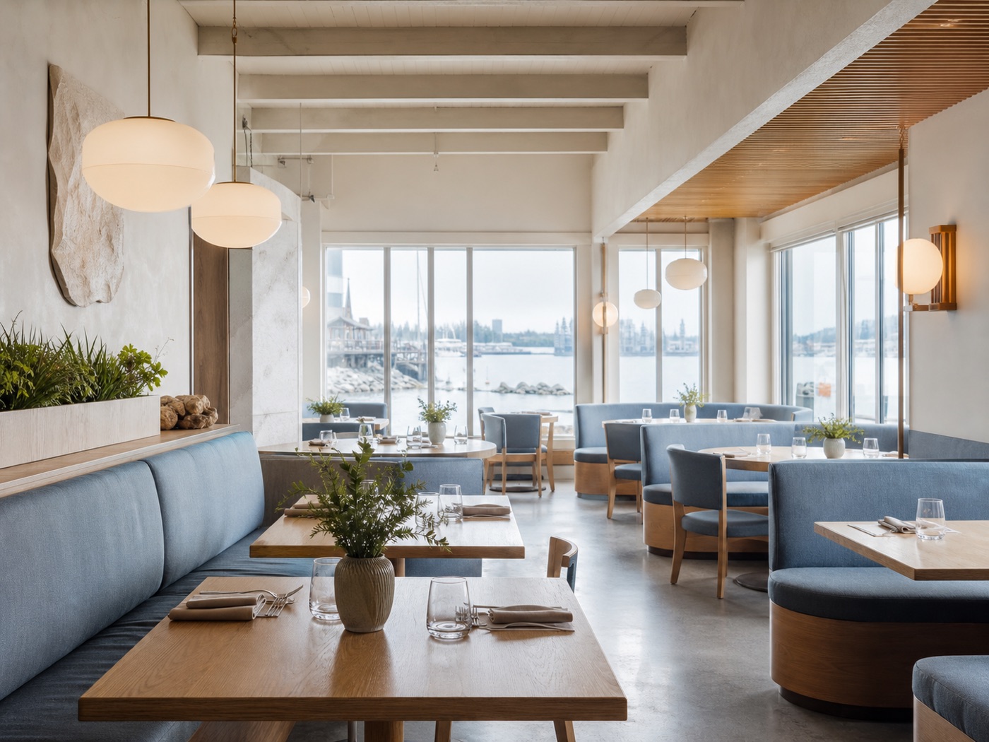 Fog-blue dining room with pale wood chairs and softly lit tables