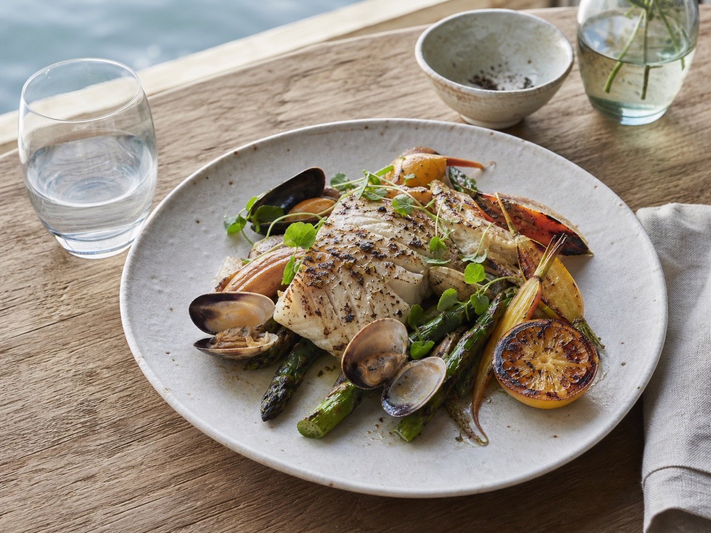 Shellfish, herbs and seasonal vegetables arranged on a pale plate