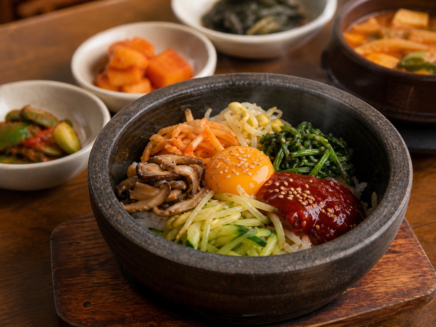 Bibimbap with vegetables, rice and small shared dishes