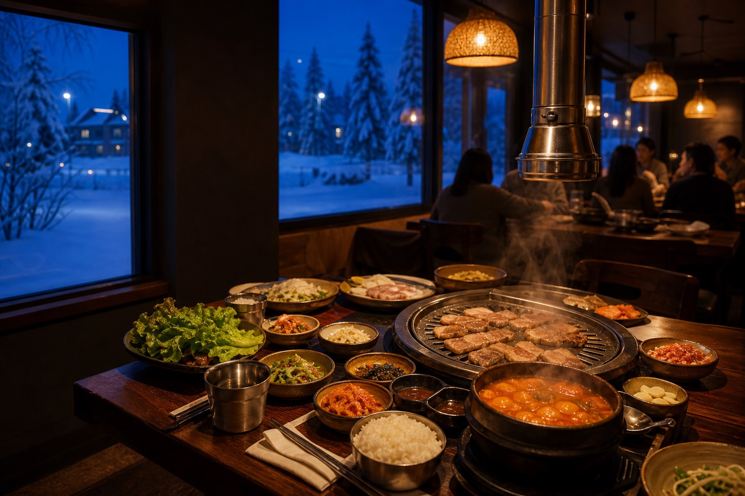 Winter Korean shared table with dishes set for a group
