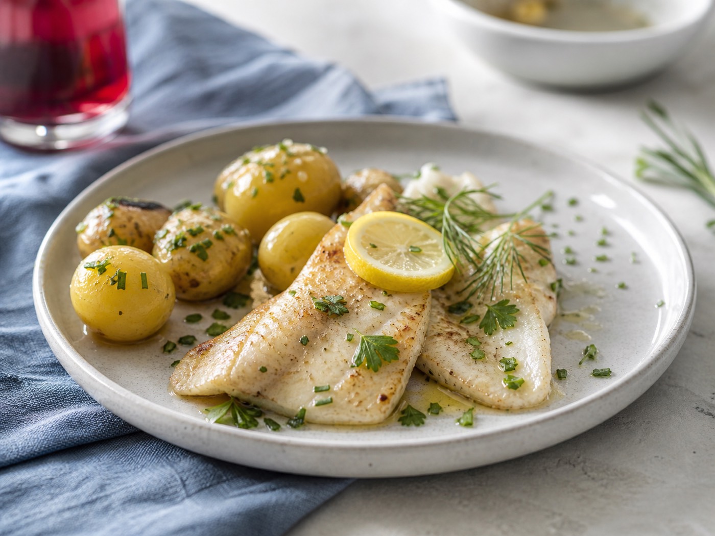 Plate of perch, lemon, potatoes and herbs