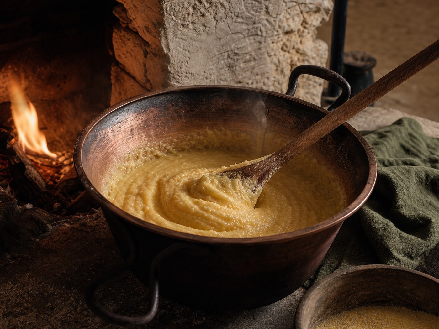 Polenta stirred in a copper pot beside the fire