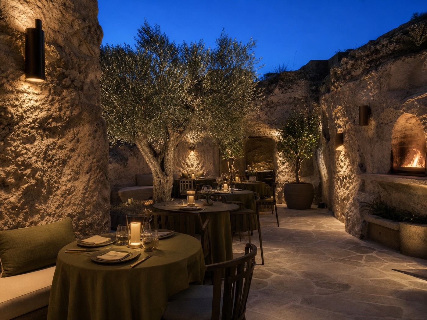 Set tables among stone walls and olive trees at dusk