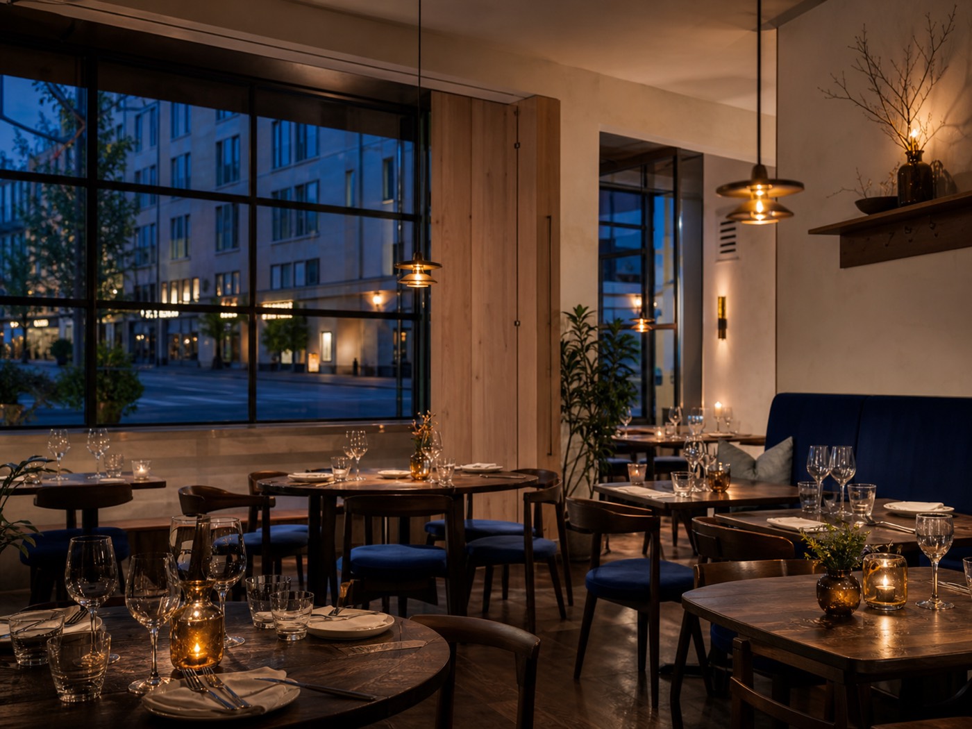 Dining room at dusk with cobalt seating, set tables and city windows